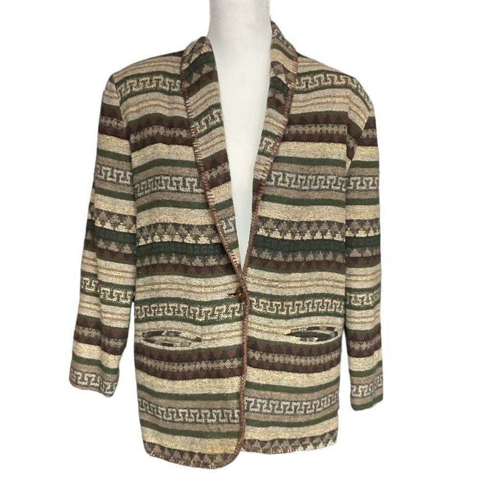 Vintage First Option Women's One Button Blazer Jacket Tan Brown Western Aztec Mā
